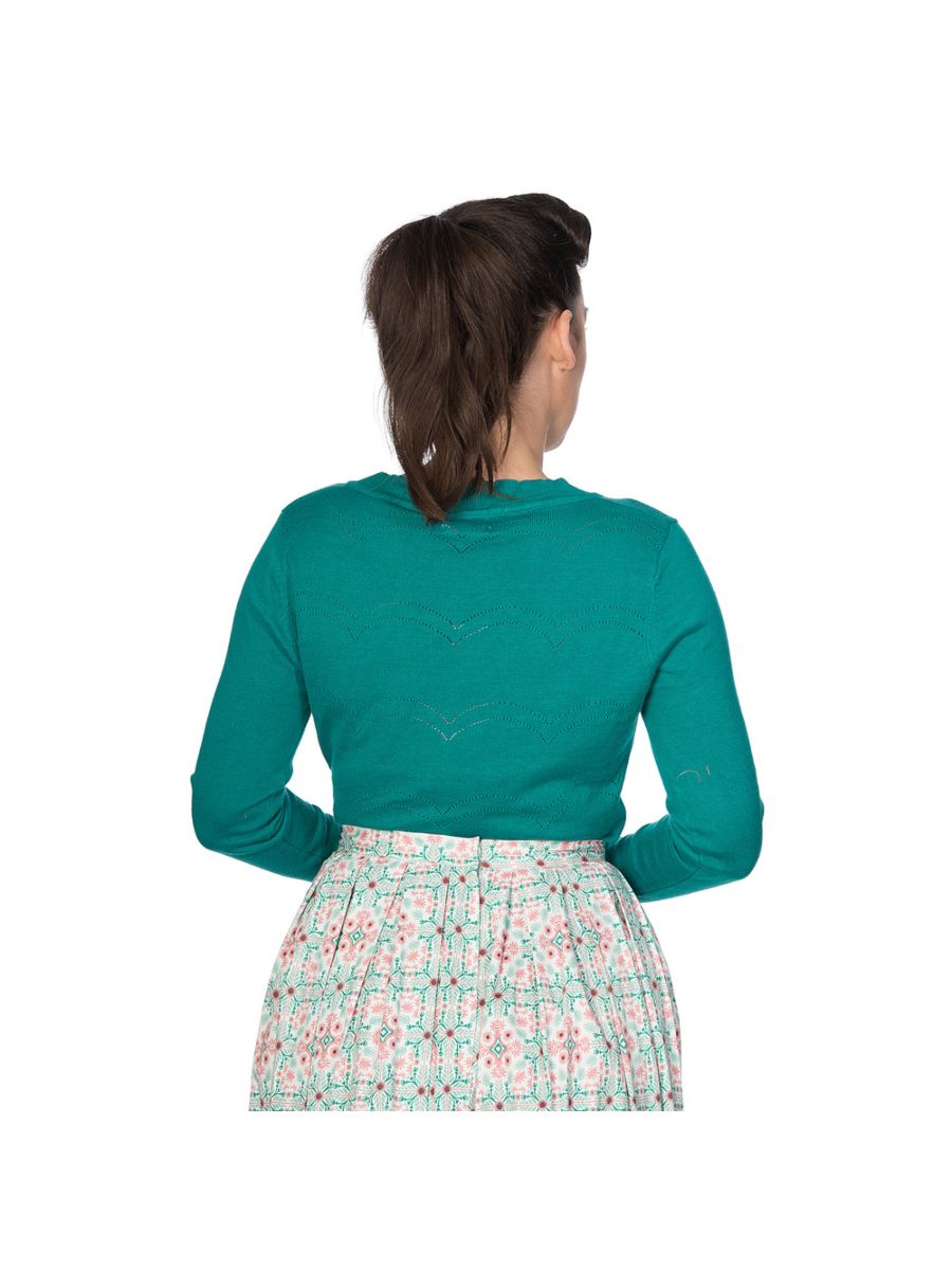 Banned Retro 1950's June V-Neck Scalloped Pointelle Long Sleeve Vintage Cardigan Green