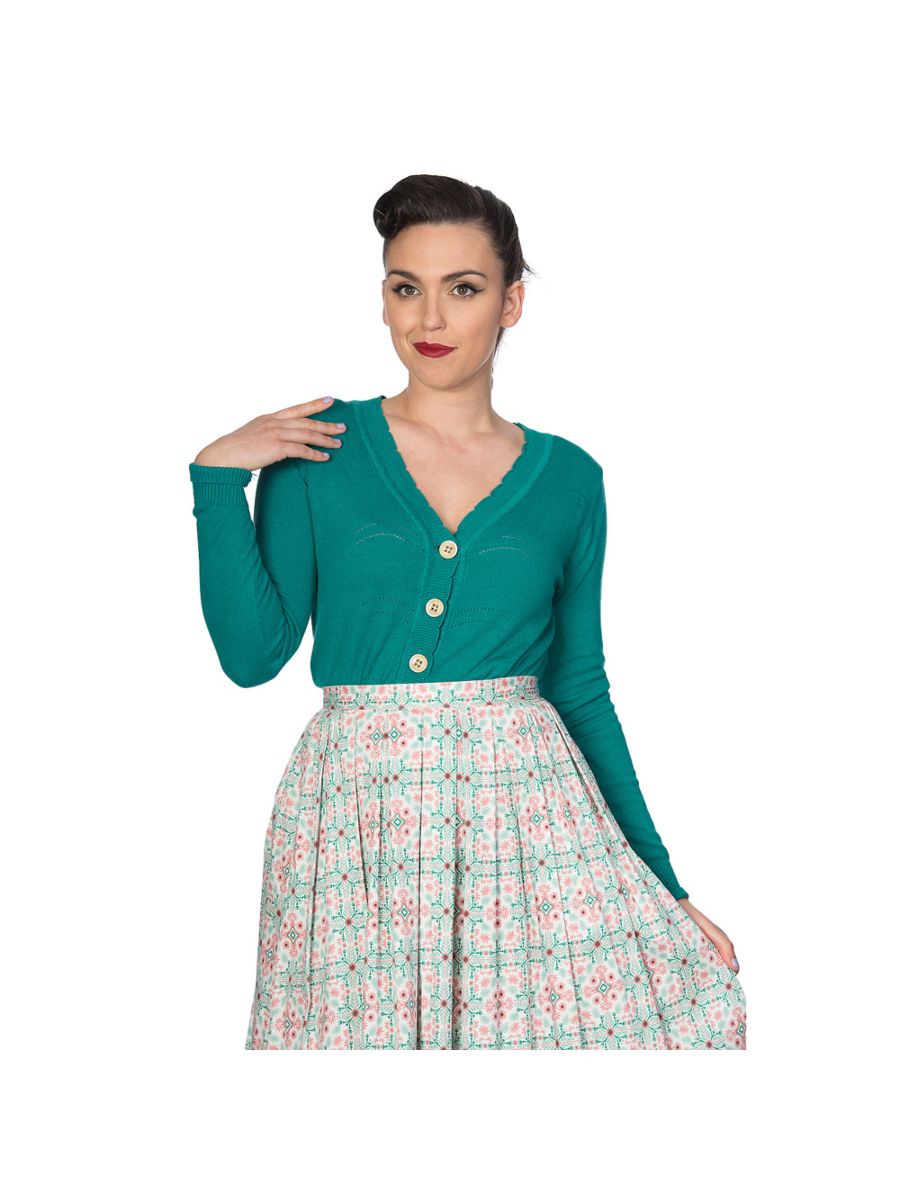 Banned Retro 1950's June V-Neck Scalloped Pointelle Long Sleeve Vintage Cardigan Green
