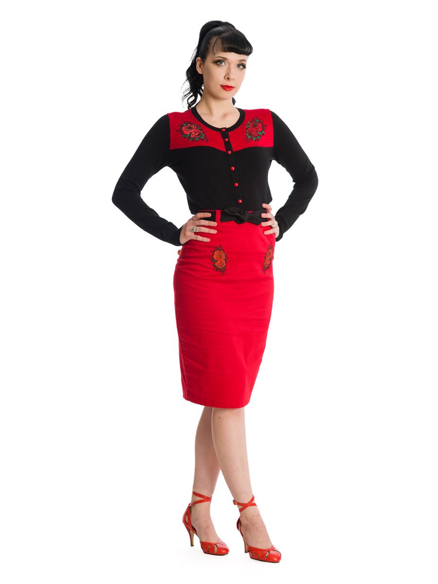 Banned Retro Blooming Rose Rockabilly Pencil Skirt Red