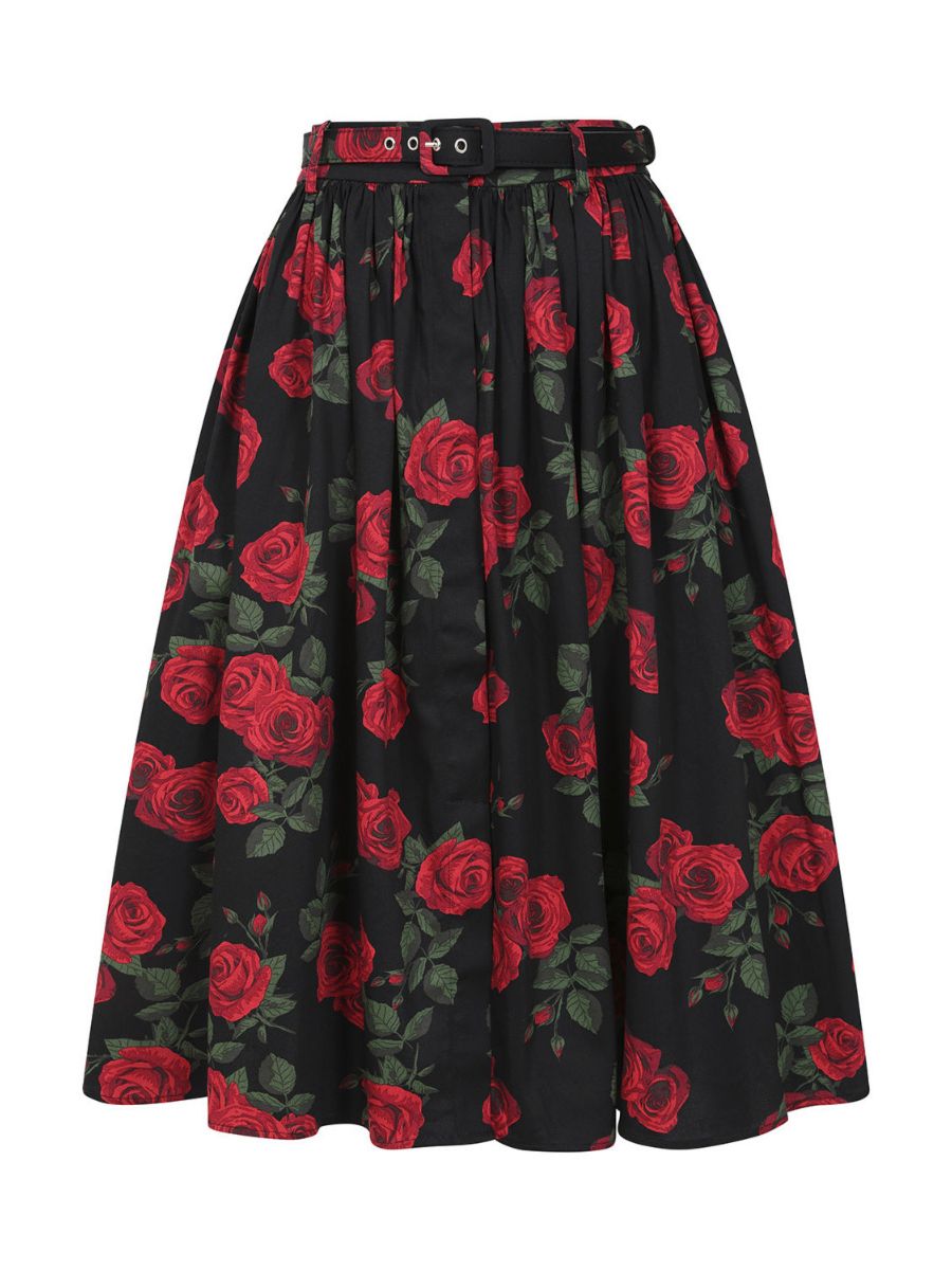 Banned Millie Rose Garden Circle Skirt - Retro Style Floral Swing Skirt with Belt-Black