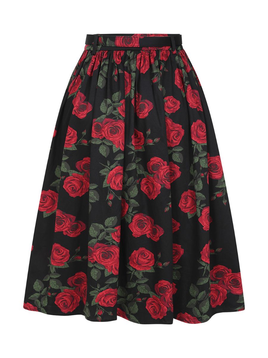 Banned Millie Rose Garden Circle Skirt - Retro Style Floral Swing Skirt with Belt-Black