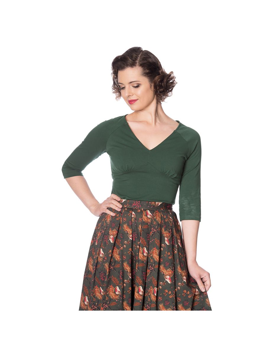 Banned Retro Cute & Classic Vintage V-Neck Jersey Top Dark Green