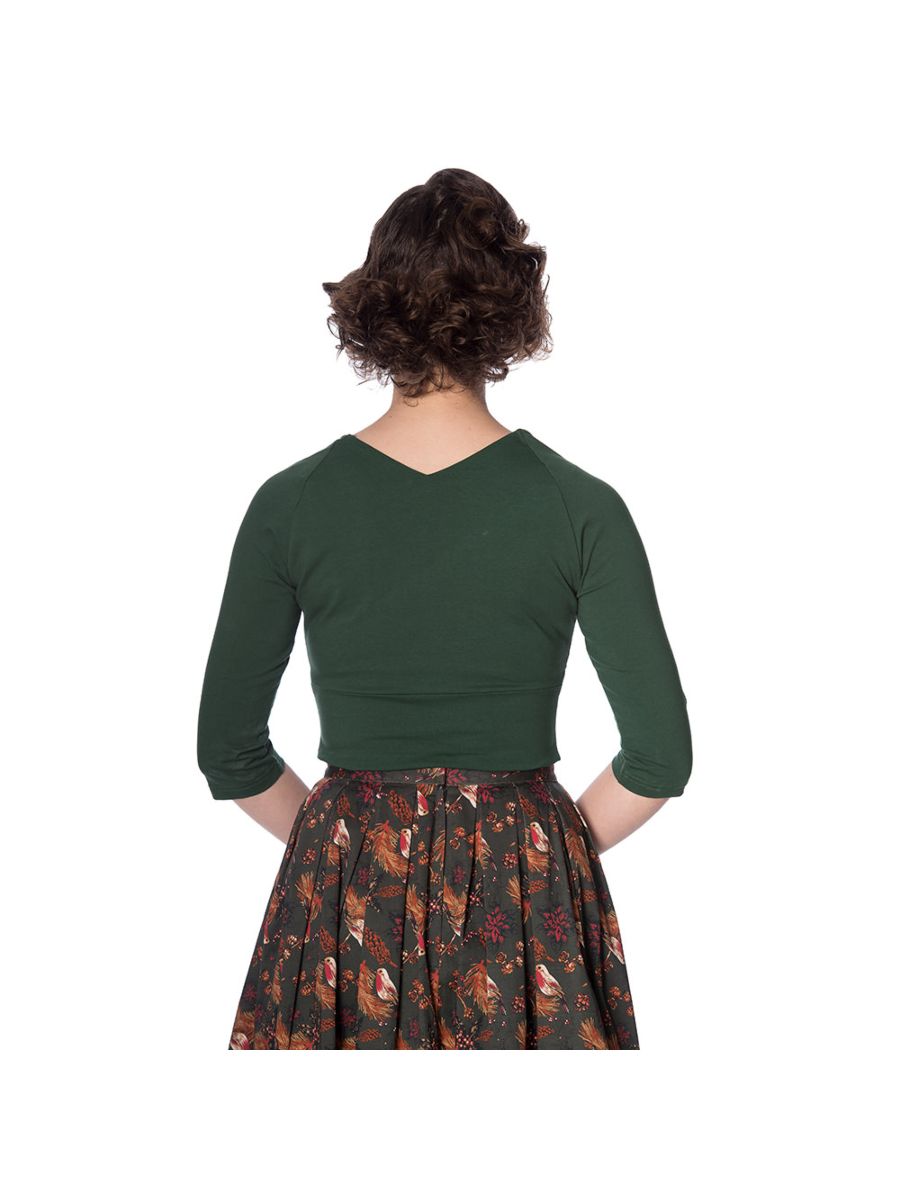 Banned Retro Cute & Classic Vintage V-Neck Jersey Top Dark Green