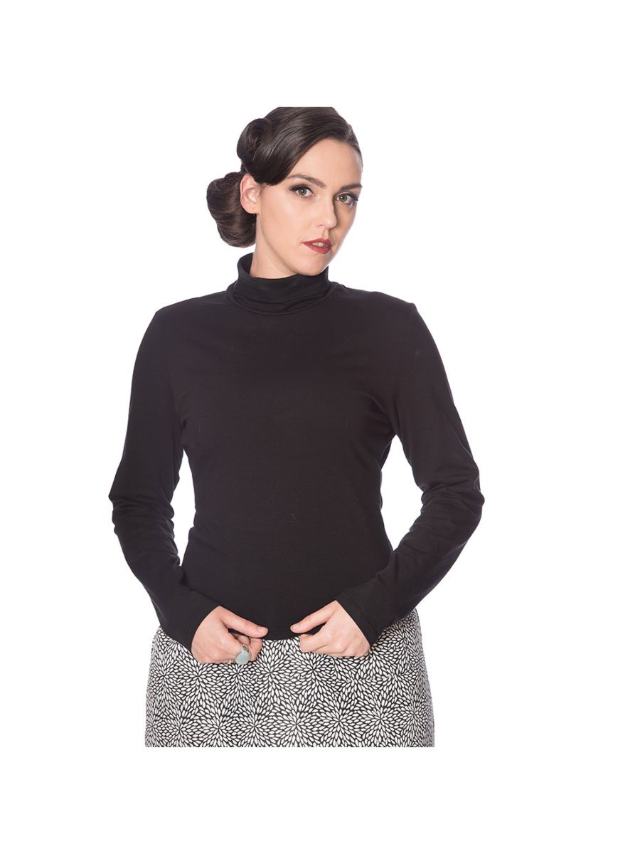 Banned Retro Jersey Turtle Neck Long Sleeve Vintage Top Black