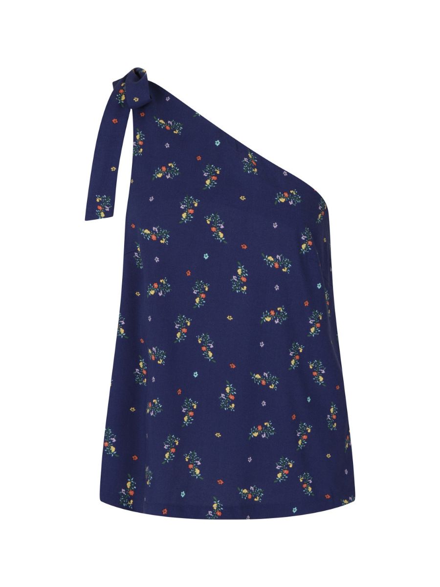Banned Retro 70's Spring Sprig A-Symmetric Floral Vintage Top Navy