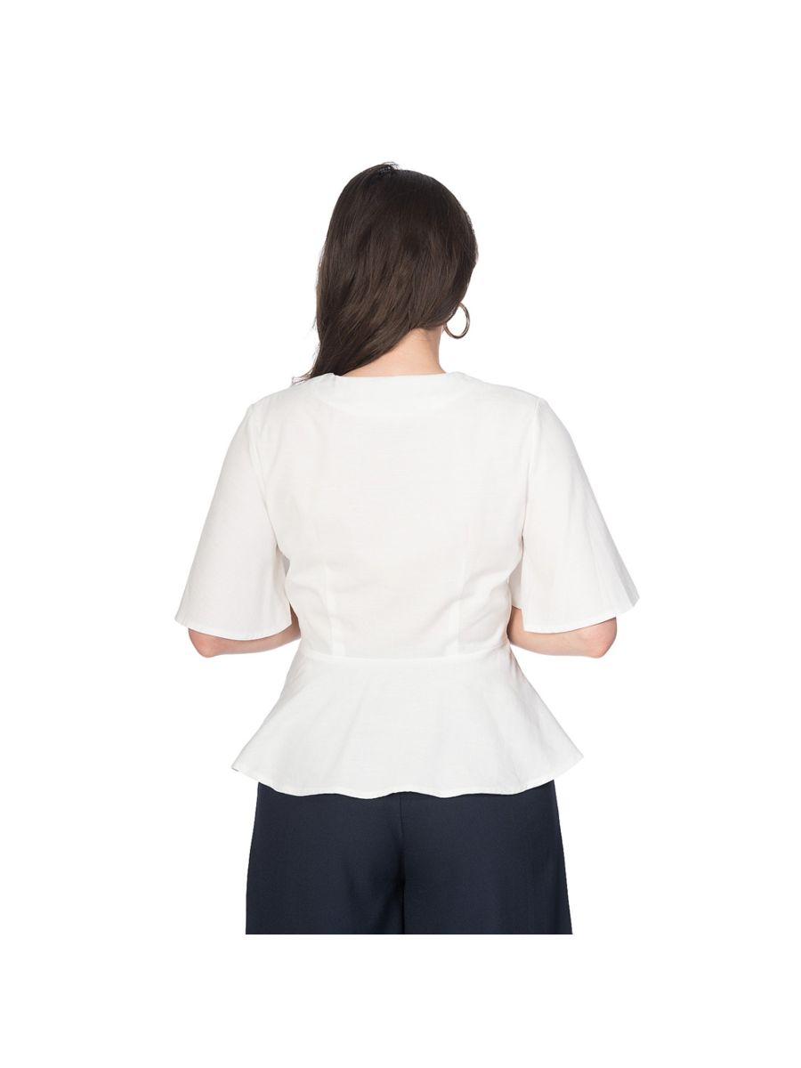 Banned Retro Becky Flare Sleeve Peplum Tie Up Vintage Top Cream