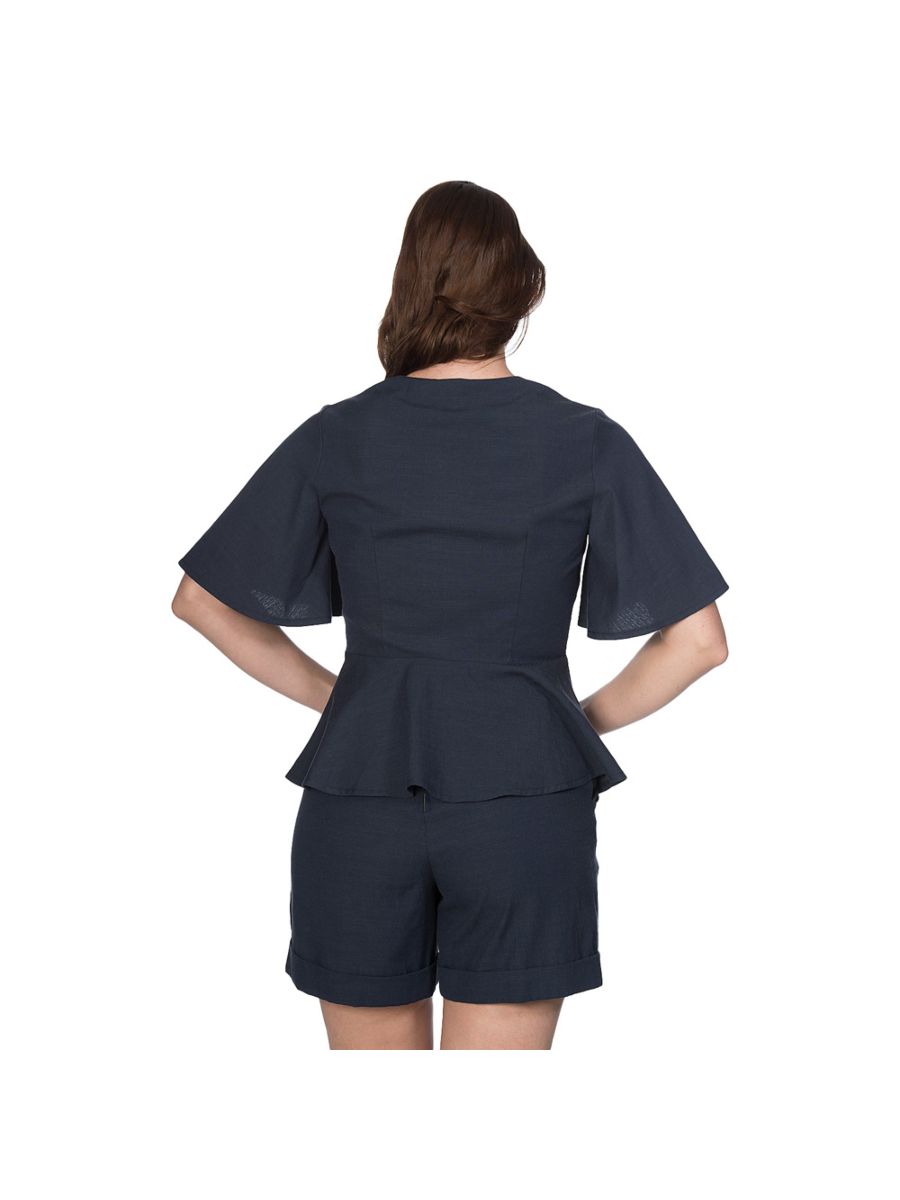 Banned Retro Becky Flare Sleeve Peplum Tie Up Vintage Top Navy