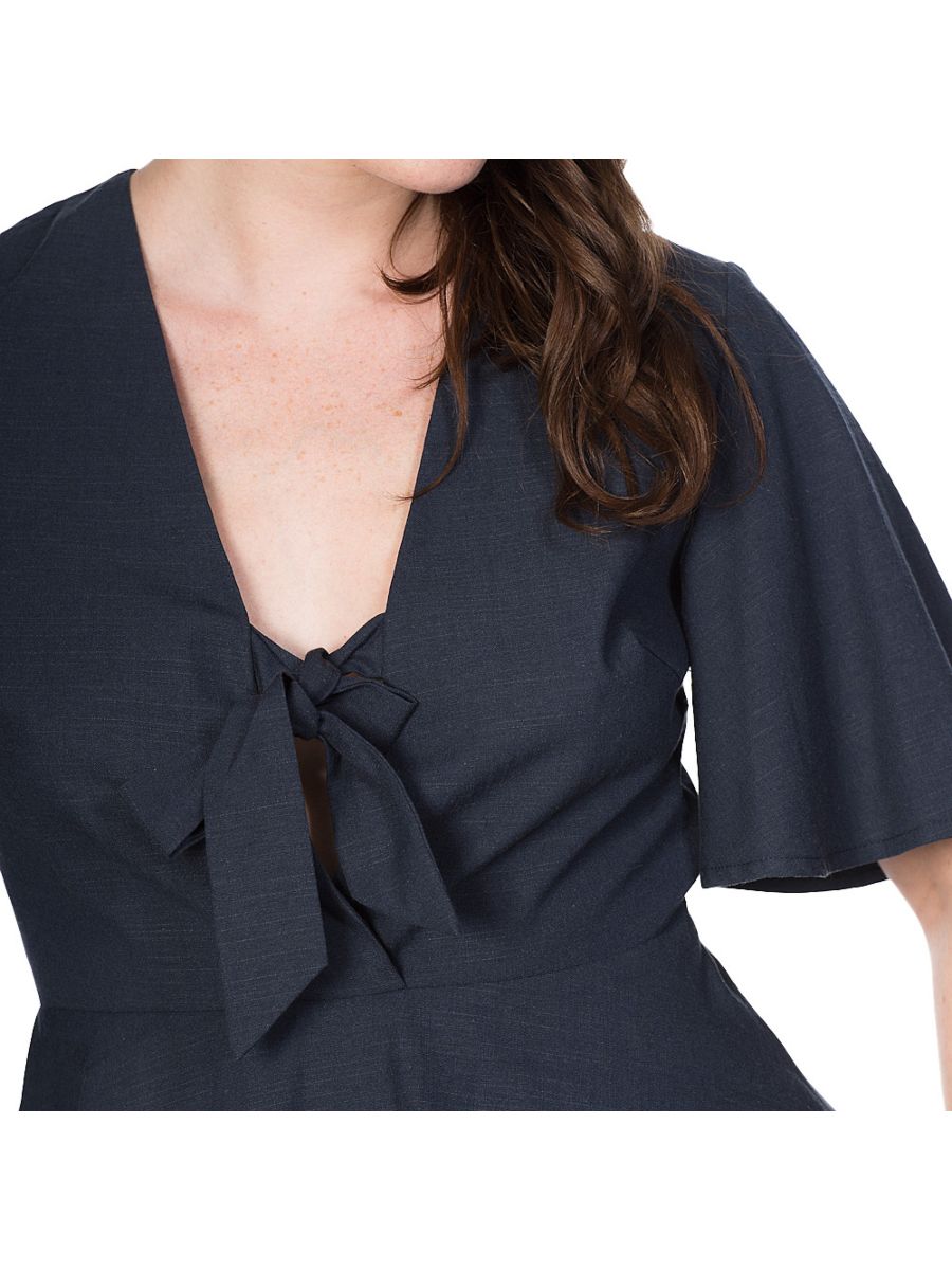 Banned Retro Becky Flare Sleeve Peplum Tie Up Vintage Top Navy