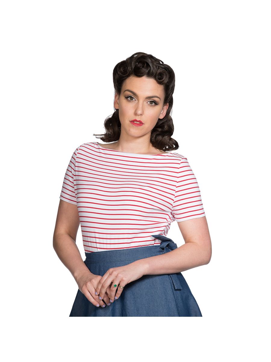 Banned Retro 1950's Italy Sail Nautical Rockabilly Stripe Vintage Dorothy Top Red