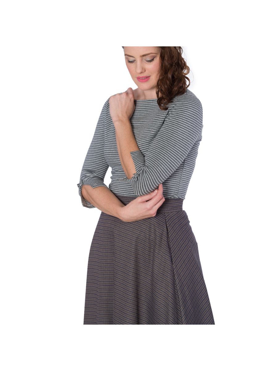 Banned Retro 1950's Simply Stripe Nautical Boat Neck Vintage Dorothy Top Grey