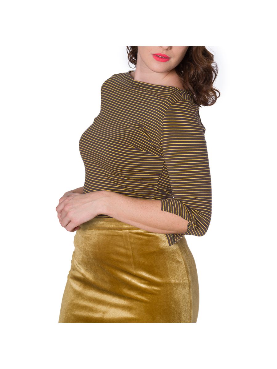 Banned Retro 1950's Simply Stripe Nautical Boat Neck Vintage Dorothy Top Tan