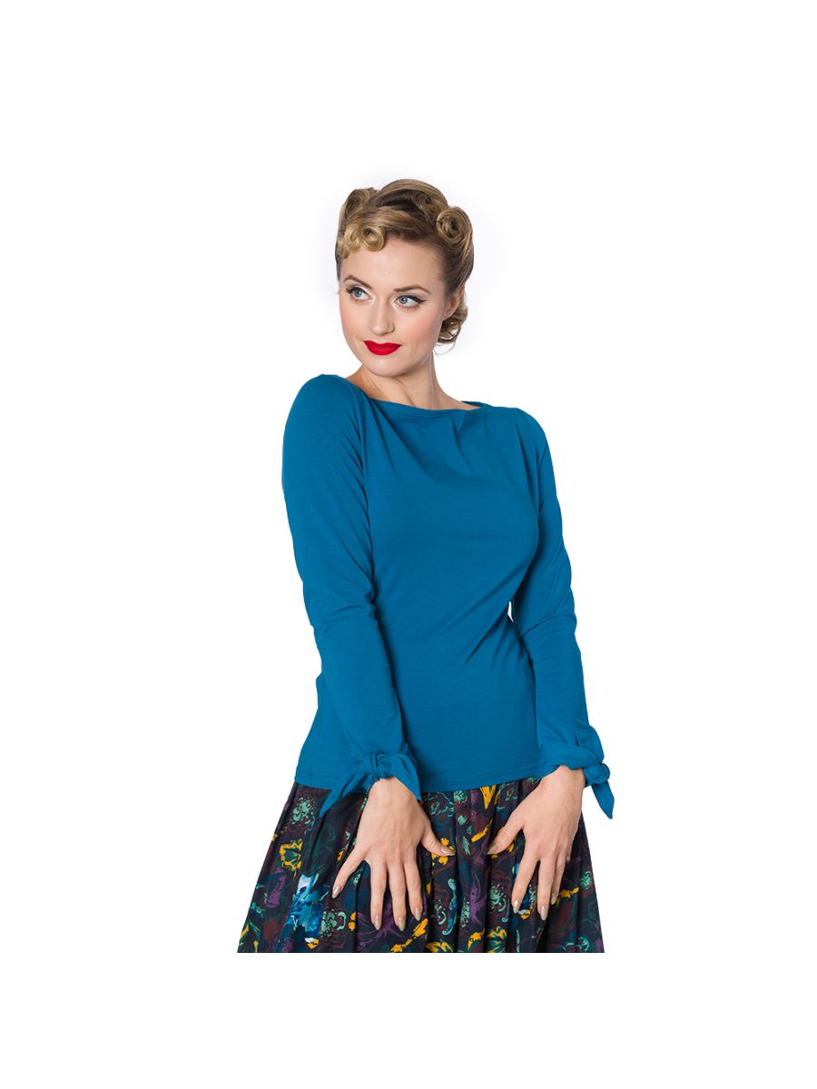 Banned Retro 1950's Bow Tie Up Long Sleeve Vintage Top Turquoise