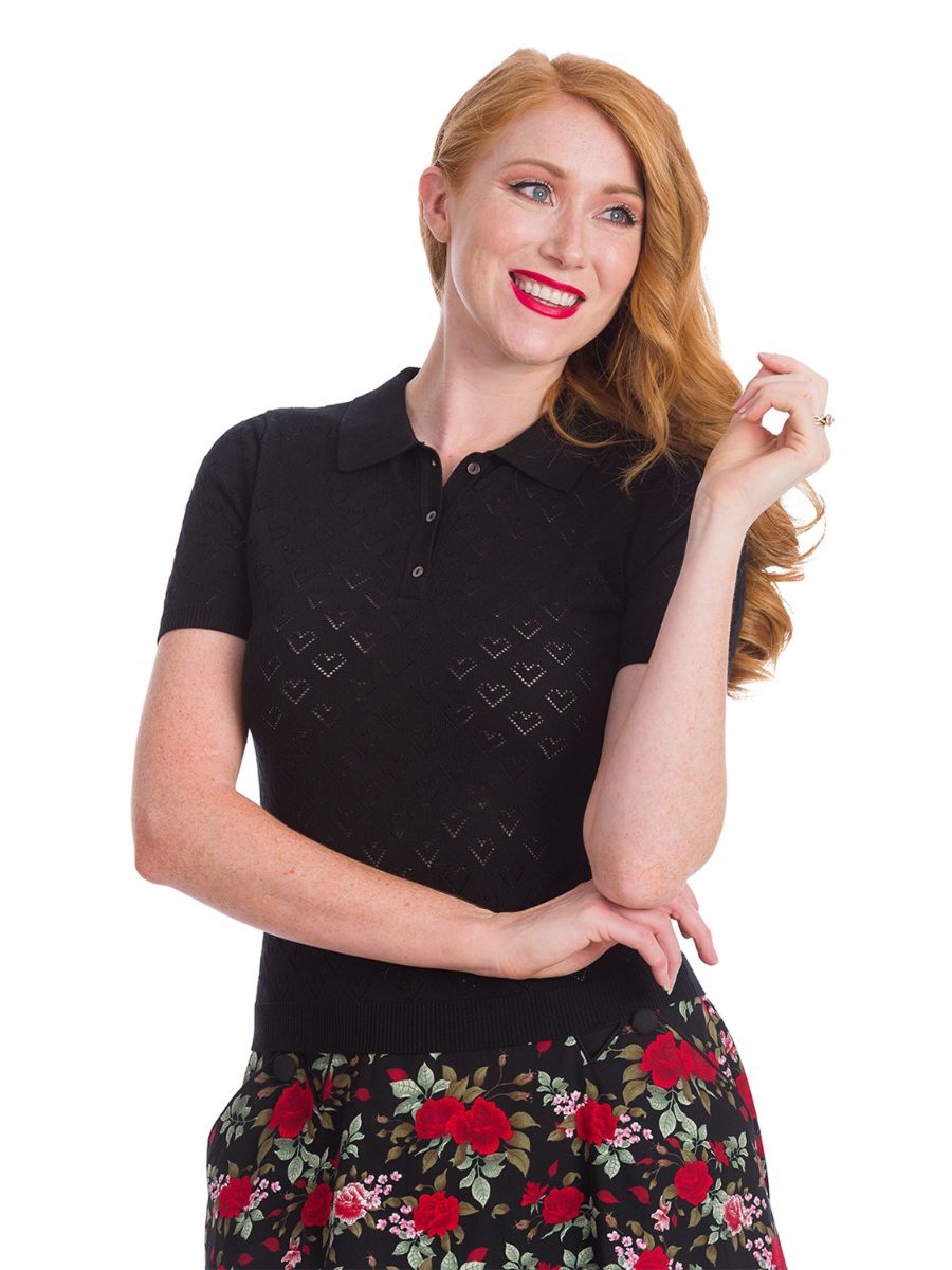 Banned Retro 1950's Smart Love Hearts Perforated Knit Top