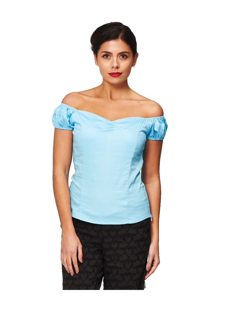 Banned Retro Winnie Off Shoulder Vintage Top Baby Blue