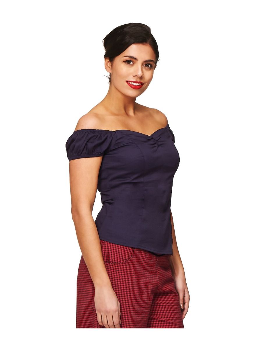 Banned Retro Winnie Off Shoulder Vintage Top Night Blue