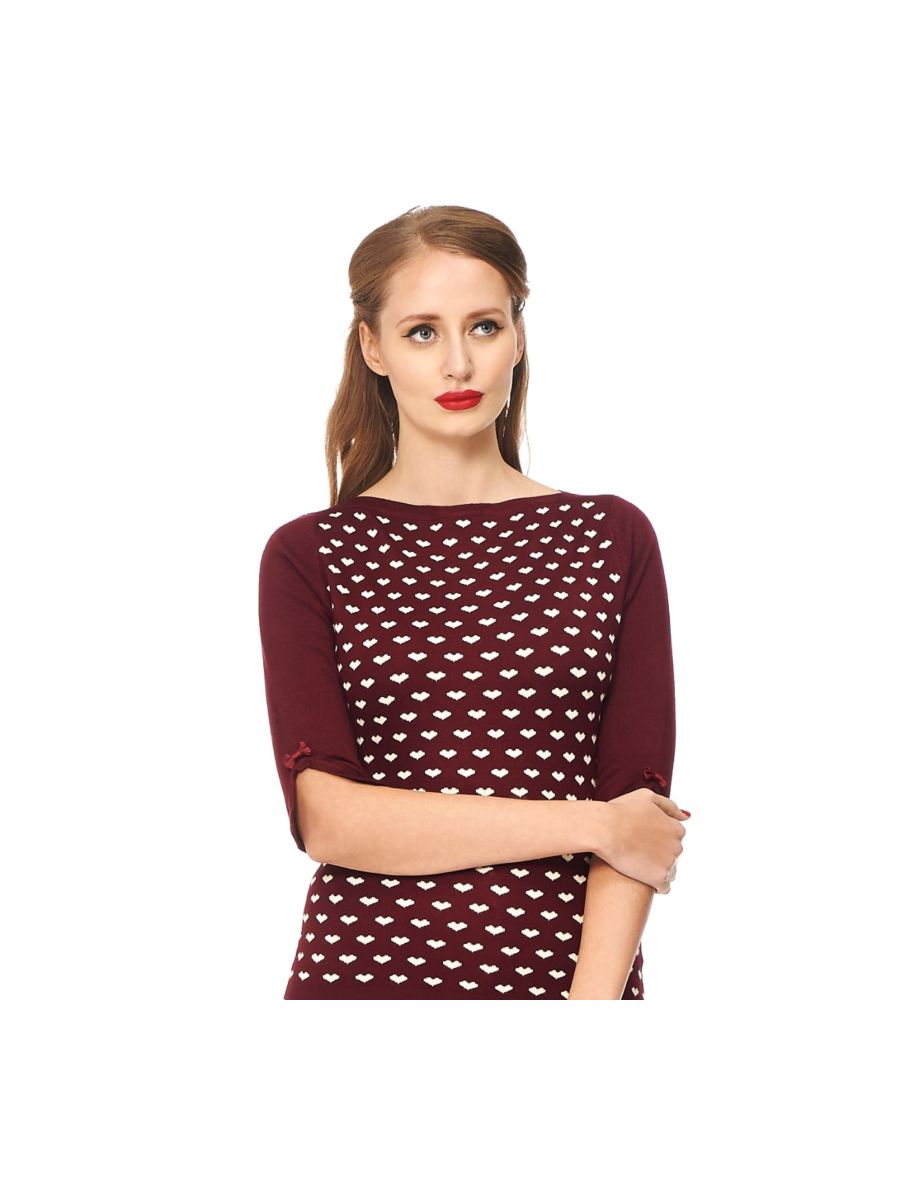 Banned Retro Charming Heart Vintage Boat Neck Knit Top Burgundy
