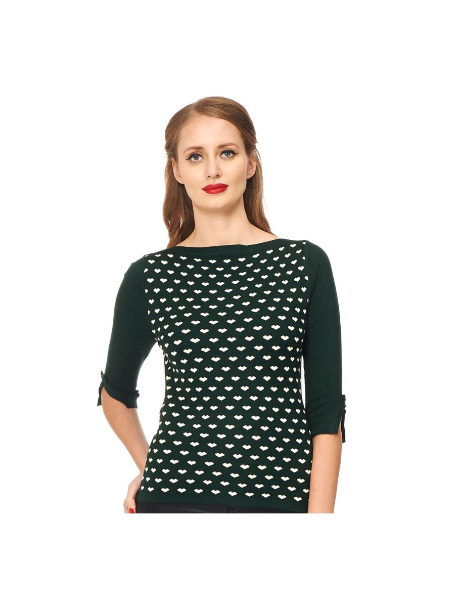 Banned Retro Charming Heart Vintage Boat Neck Knit Top Forest Green