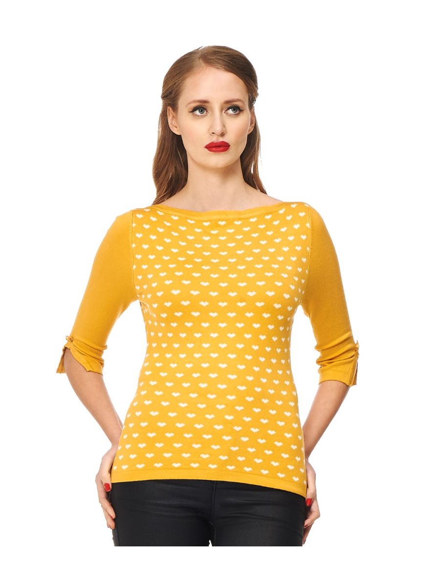 Banned Retro Charming Heart Vintage Boat Neck Knit Top Mustard Yellow