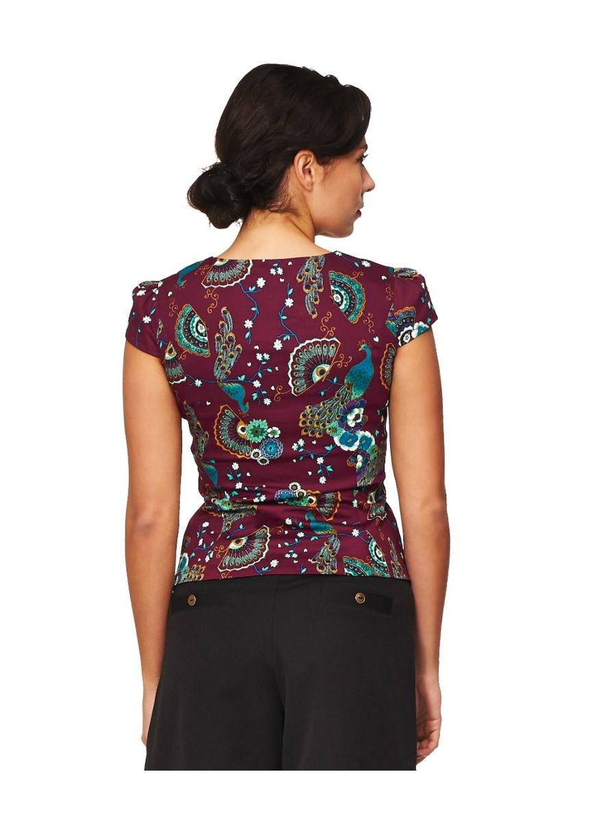 Banned Retro 1950's Frankie Peacock Floral Top Bordeaux