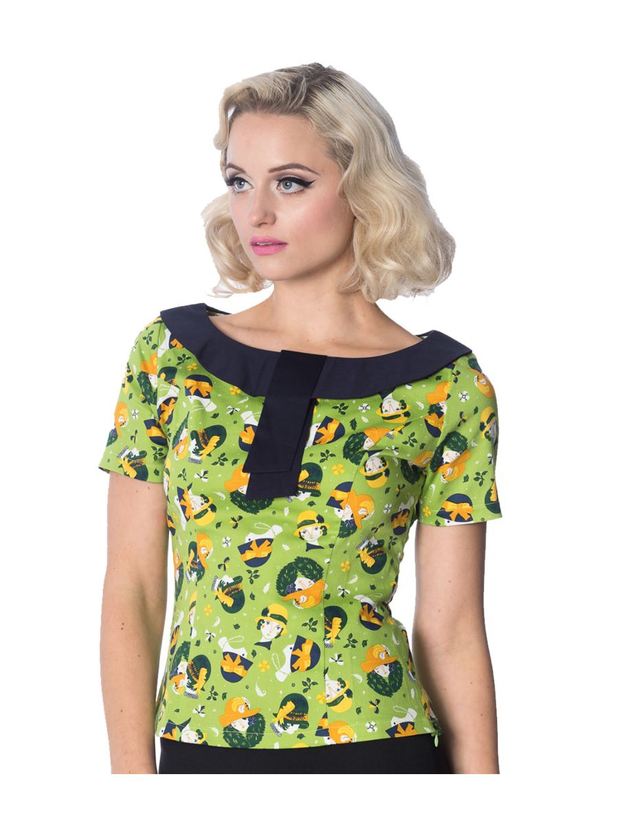 Banned Retro 20's Vintage Hat Art Deco Print Top Green