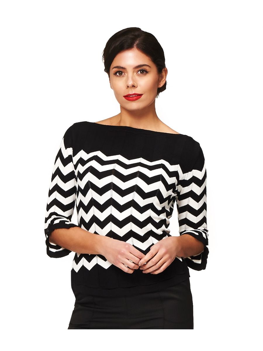 Banned Retro 70's Vanilla Zig Zag Vintage Dorothy Knit Top Black White