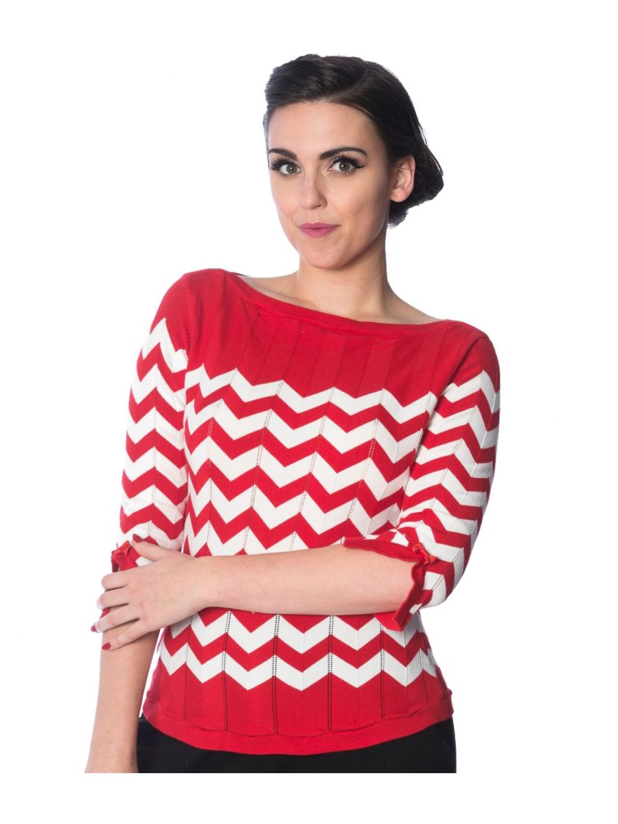 Banned Retro 70's Vanilla Zig Zag Vintage Dorothy Knit Top Red