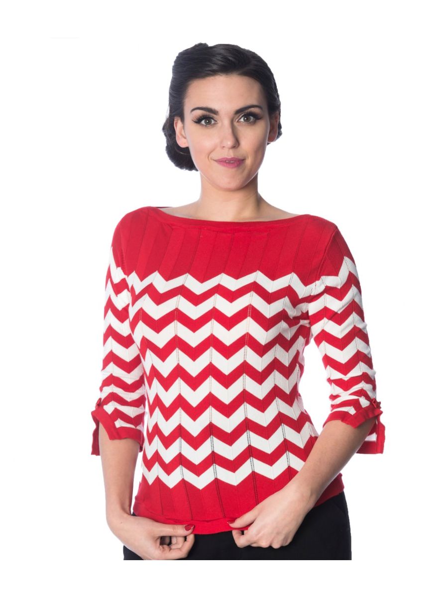 Banned Retro 70's Vanilla Zig Zag Vintage Dorothy Knit Top Red