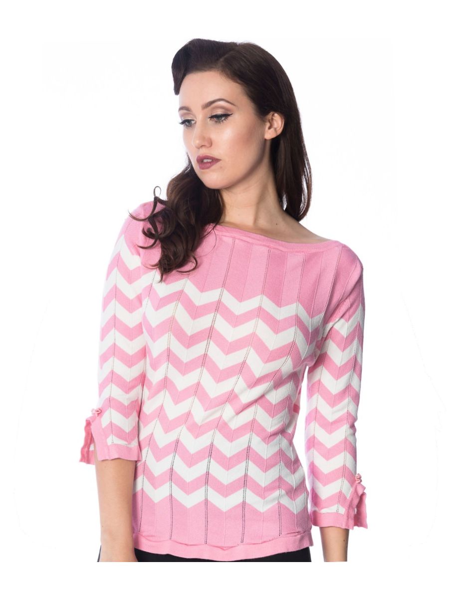 Banned Retro 70's Vanilla Zig Zag Vintage Dorothy Knit Top Rose