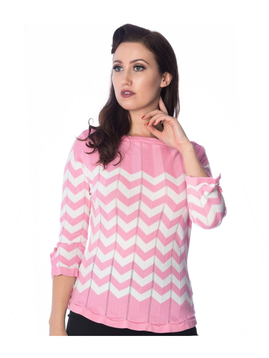 Banned Retro 70's Vanilla Zig Zag Vintage Dorothy Knit Top Rose
