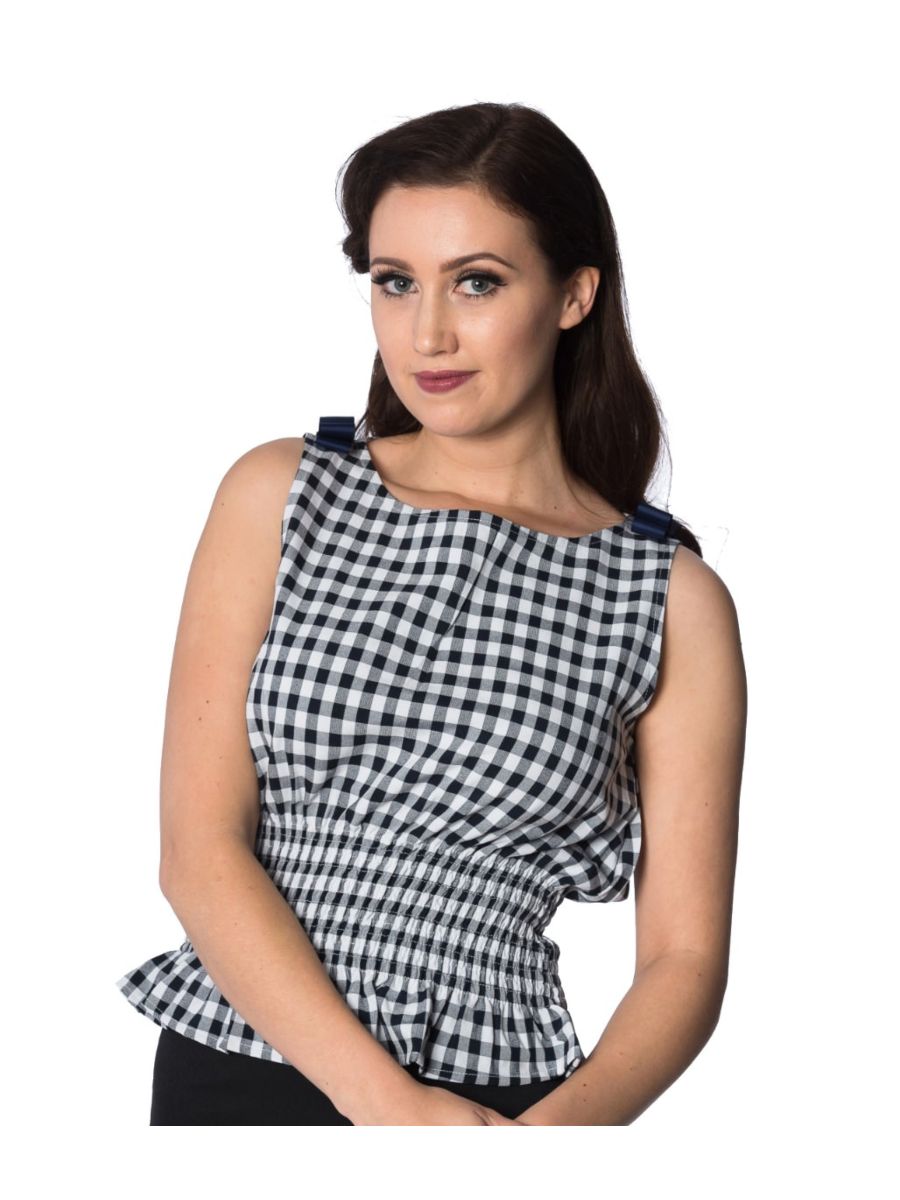 Banned Retro 60s Summer Breeze Smocking Check Top Navy