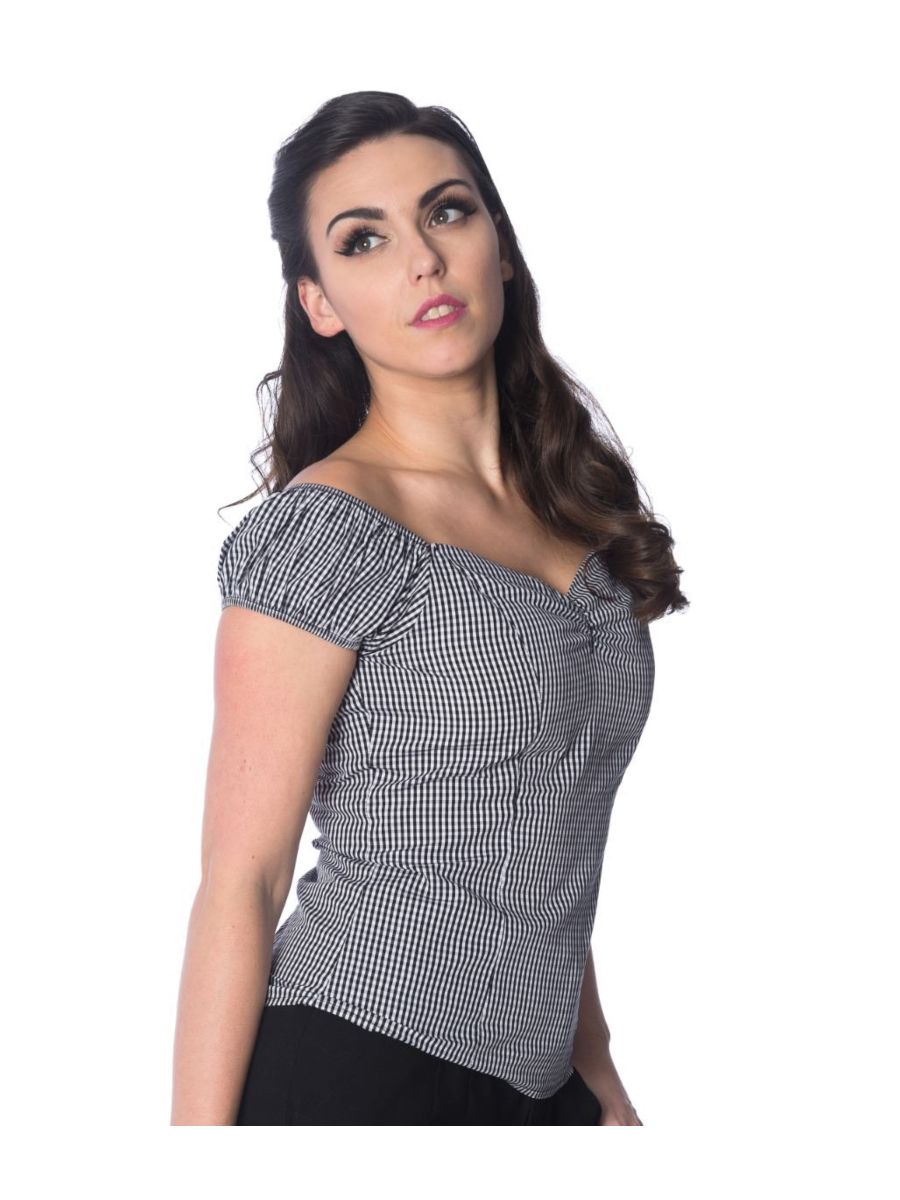 Banned Retro 1950's Summer Loving Gingham Check Off Shoulder Vintage Top Black