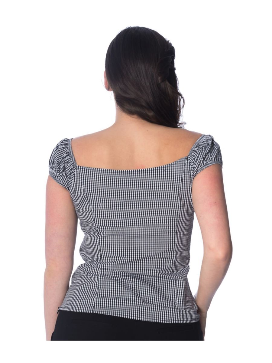 Banned Retro 1950's Summer Loving Gingham Check Off Shoulder Vintage Top Black