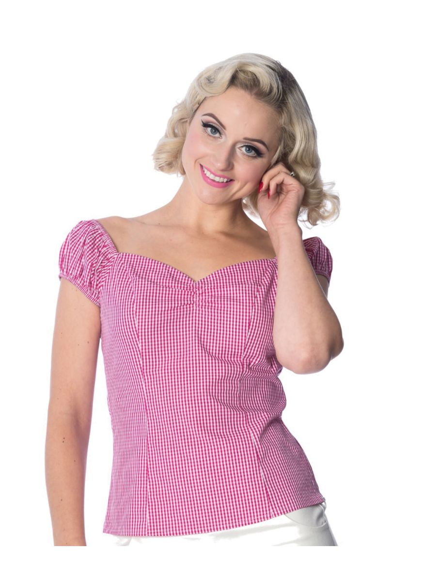 Banned Retro 1950's Summer Loving Gingham Check Off Shoulder Vintage Top Magenta