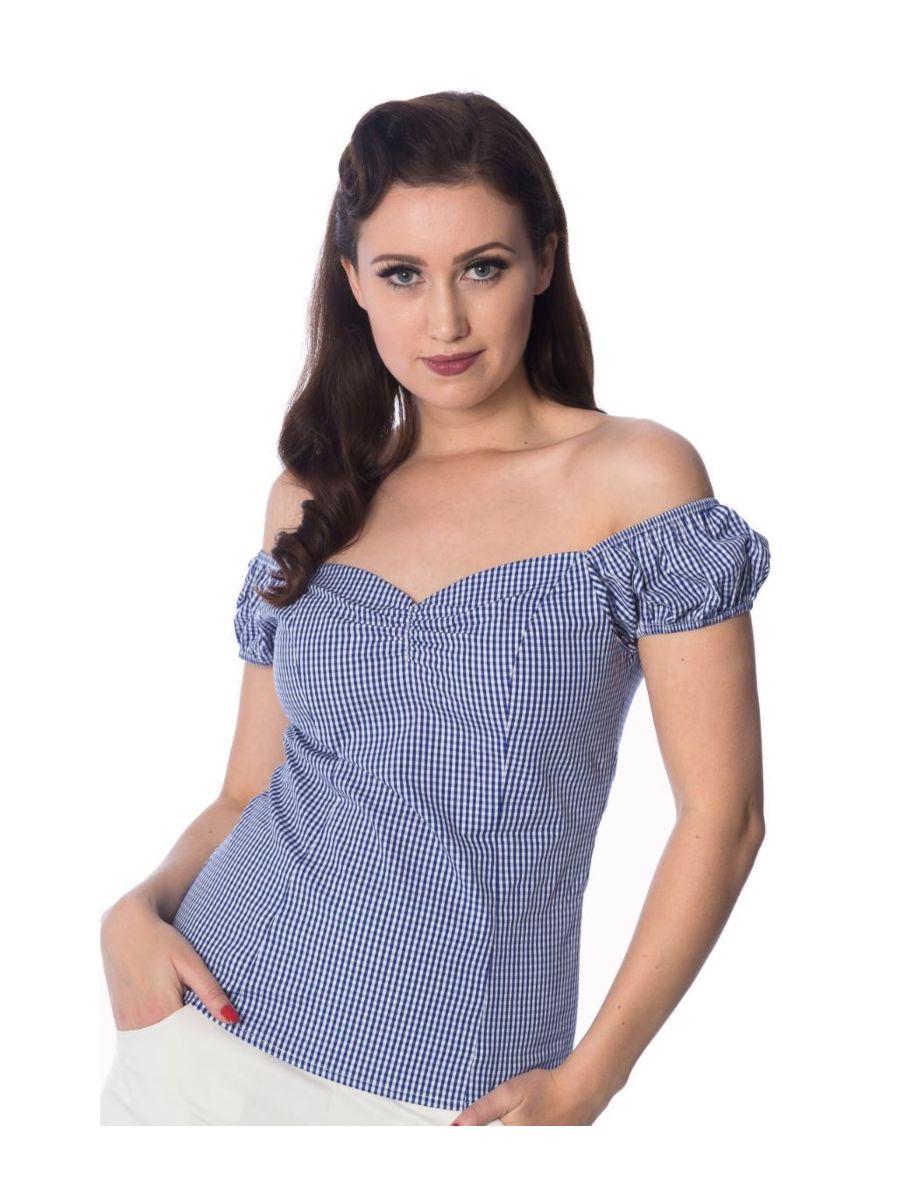 Banned Retro 1950's Summer Loving Gingham Check Off Shoulder Vintage Top Navy