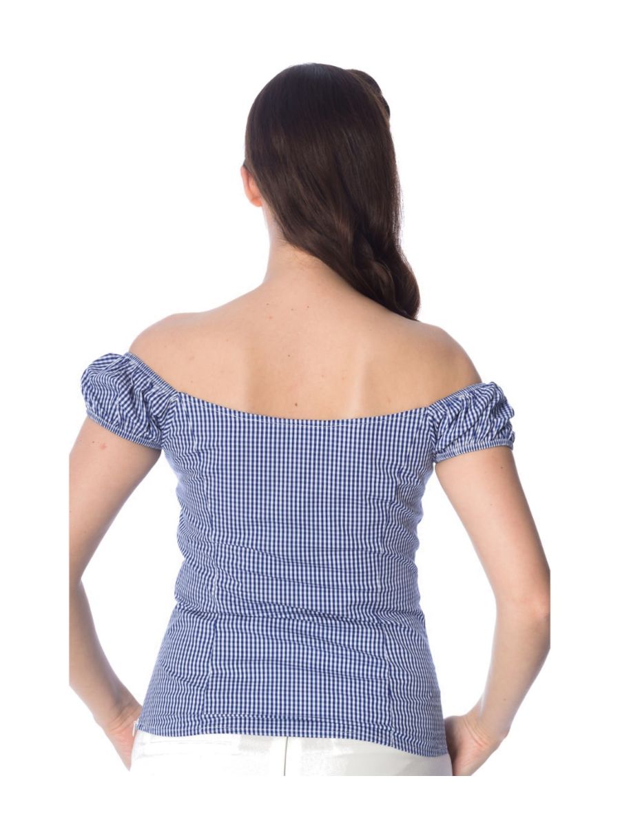 Banned Retro 1950's Summer Loving Gingham Check Off Shoulder Vintage Top Navy