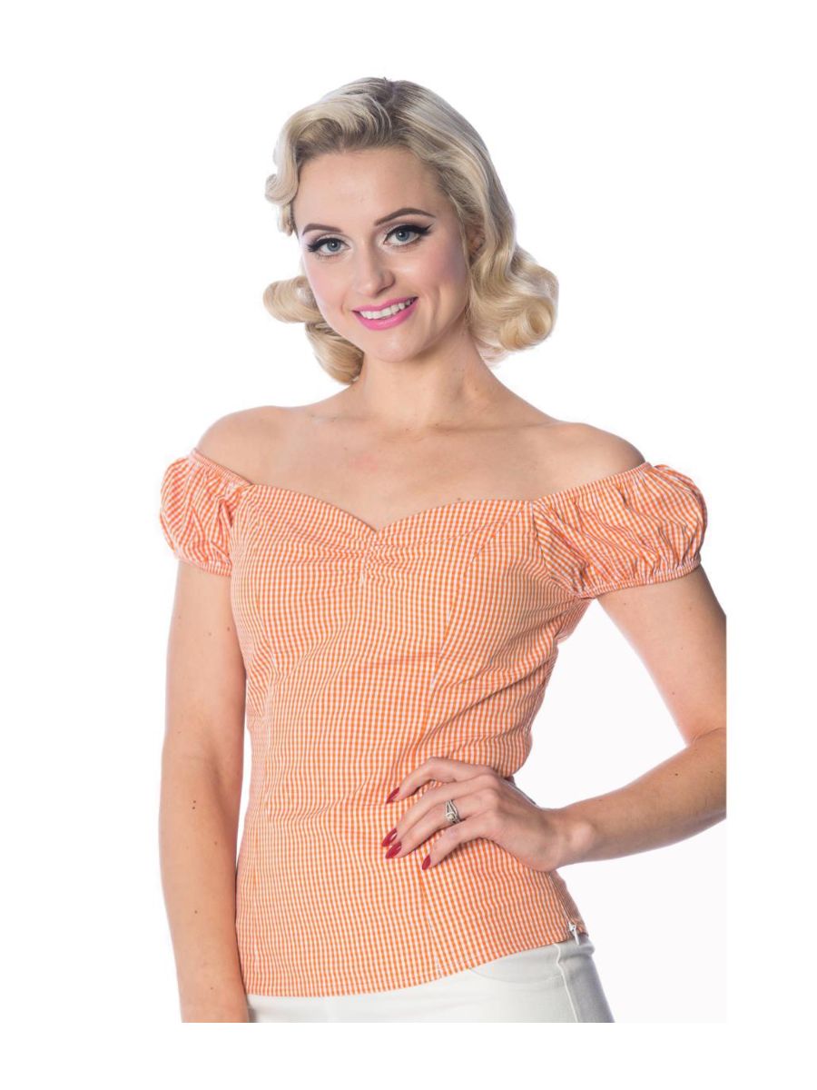 Banned Retro 1950's Summer Loving Gingham Check Off Shoulder Vintage Top Orange
