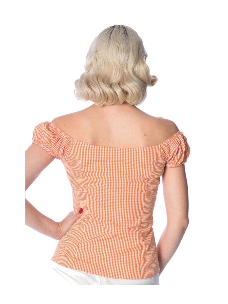 Banned Retro 1950's Summer Loving Gingham Check Off Shoulder Vintage Top Orange