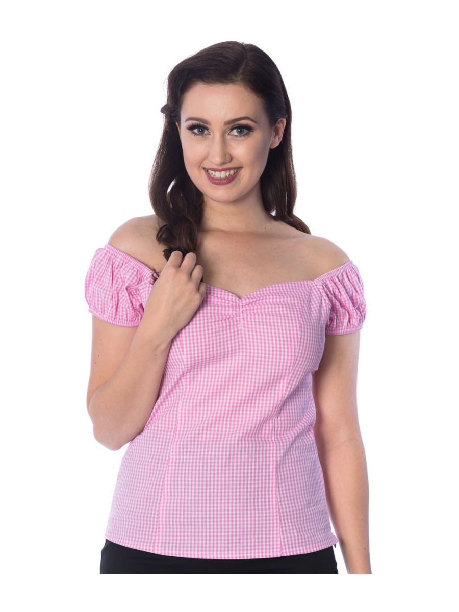 Banned Retro 1950's Summer Loving Gingham Check Off Shoulder Vintage Top Pink