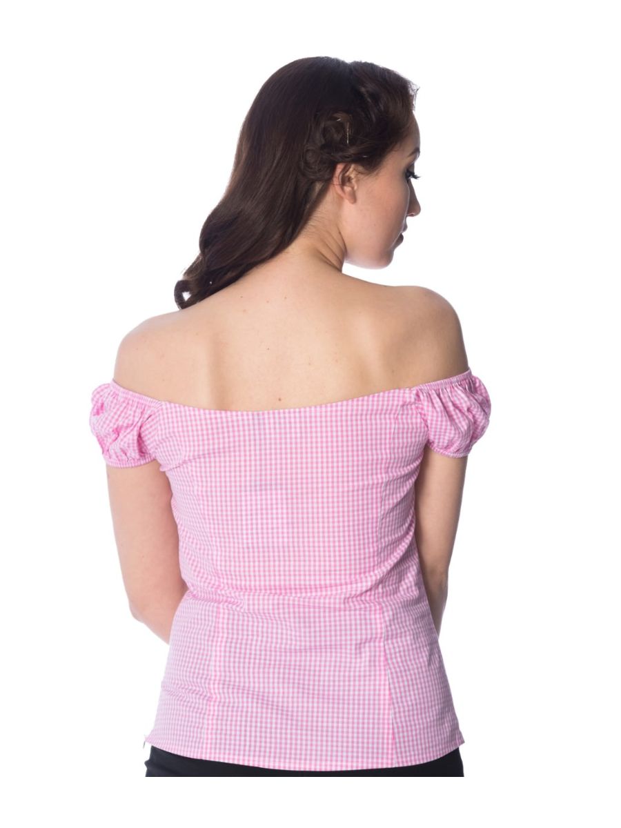 Banned Retro 1950's Summer Loving Gingham Check Off Shoulder Vintage Top Pink