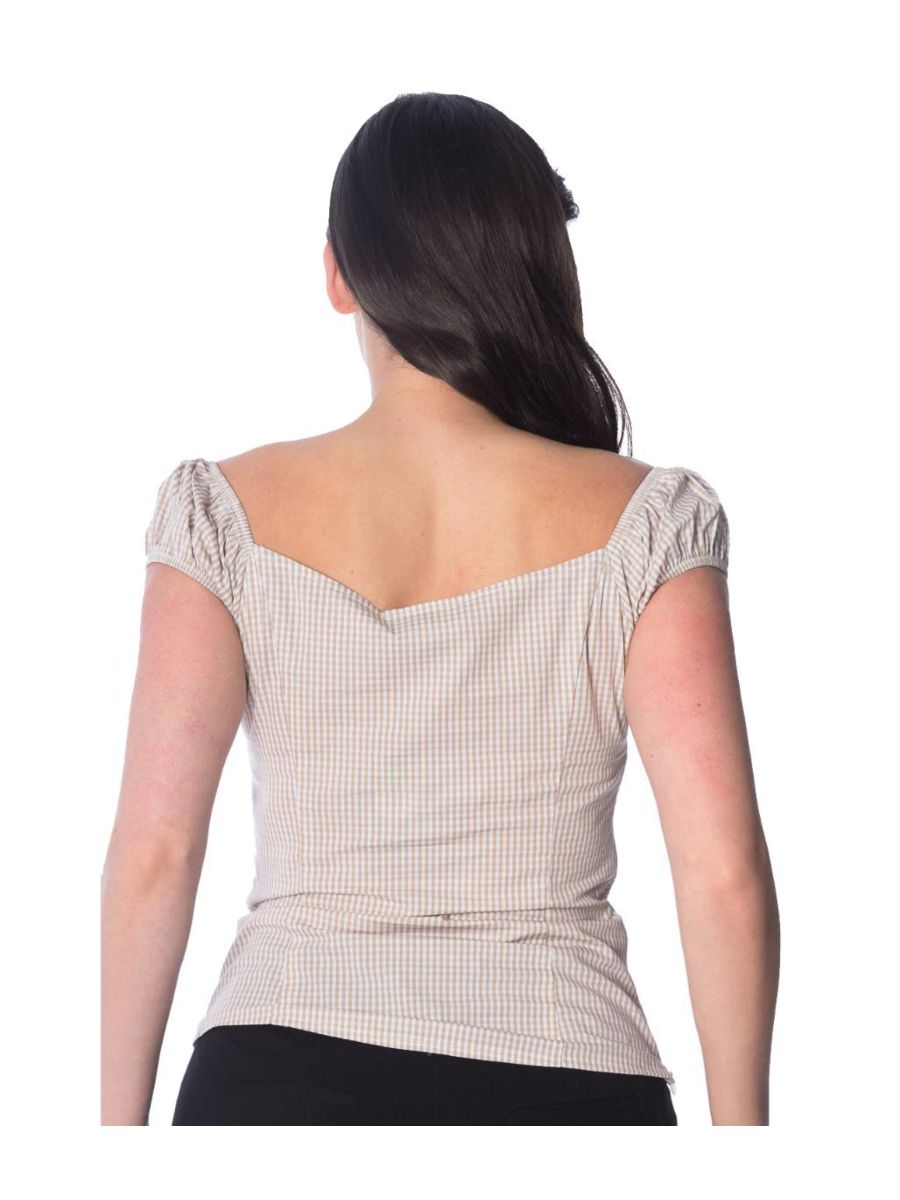 Banned Retro 1950's Summer Loving Gingham Check Off Shoulder Vintage Top Stone