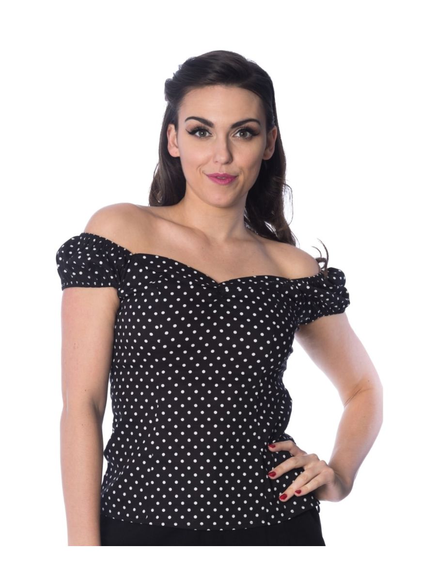 Banned Retro 1950's I Carried A Watermelon Polka Dot Off Shoulder Vintage Top Black
