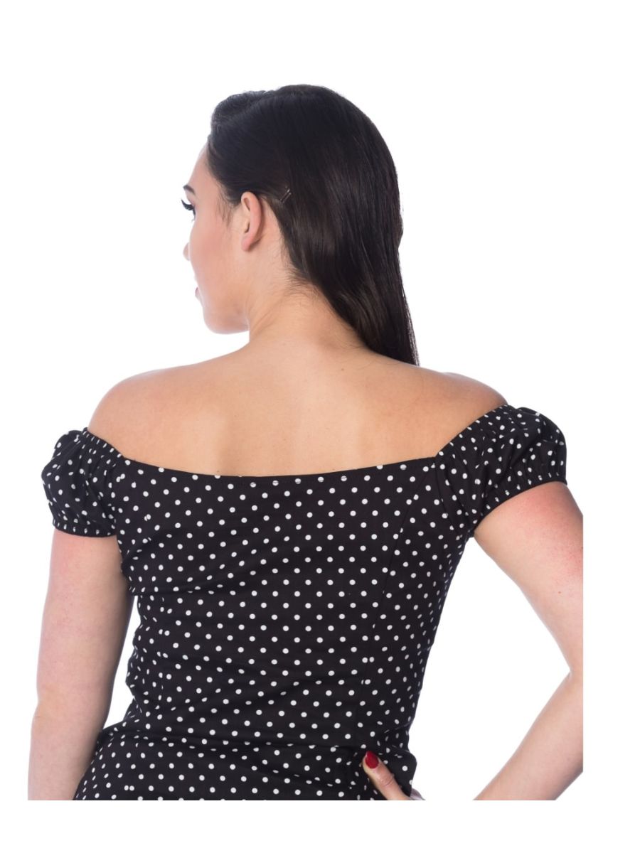 Banned Retro 1950's I Carried A Watermelon Polka Dot Off Shoulder Vintage Top Black