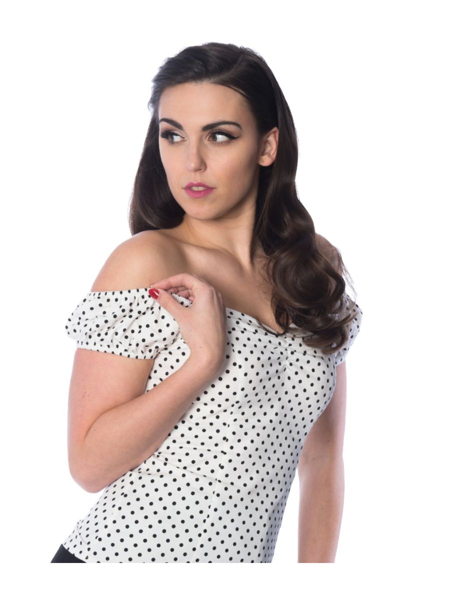 Banned Retro 1950's I Carried A Watermelon Polka Dot Off Shoulder Vintage Top White