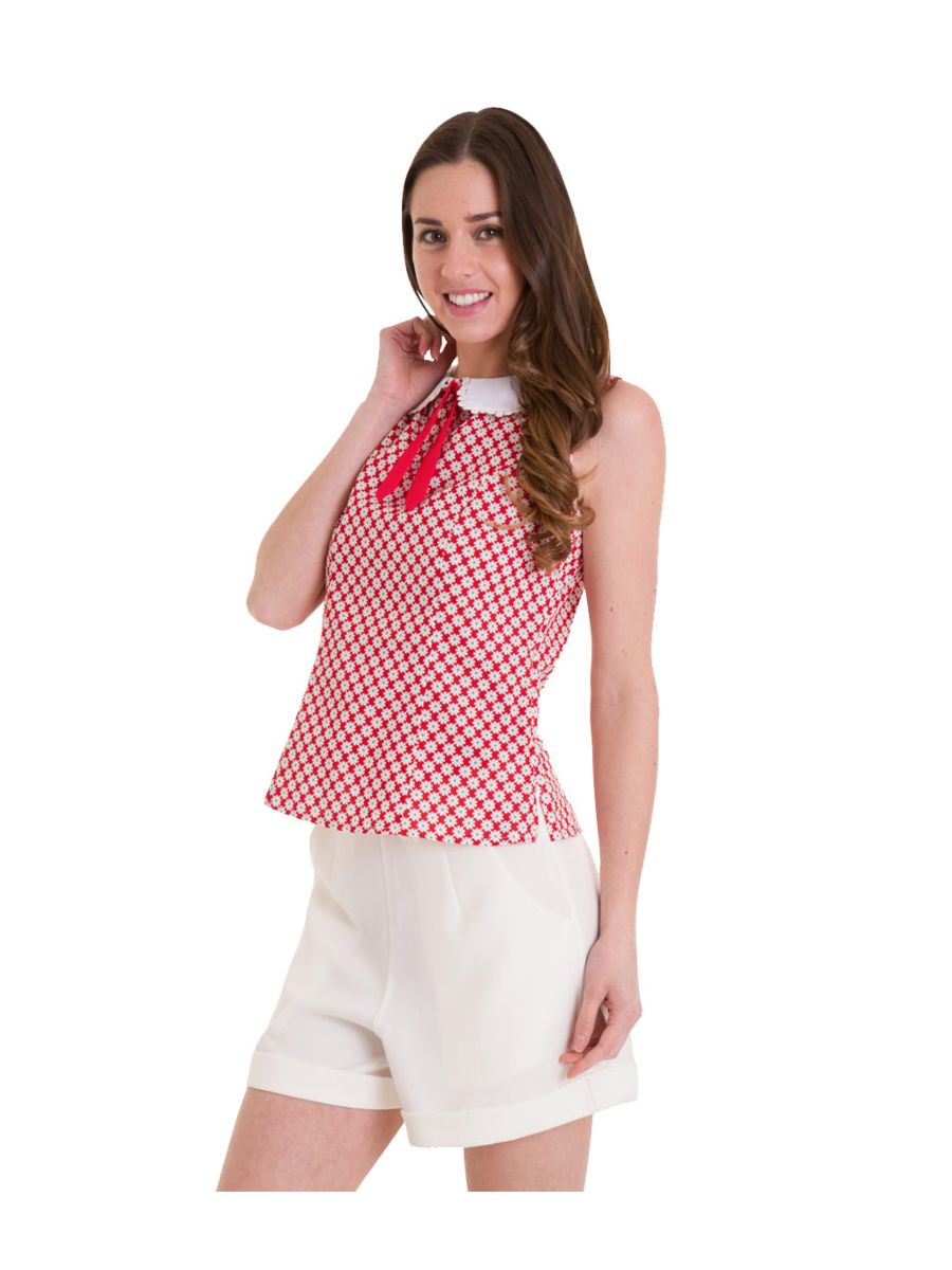 Banned Retro 1950's Ditsy Daisy Collar Floral Sleeveless Vintage Top Red