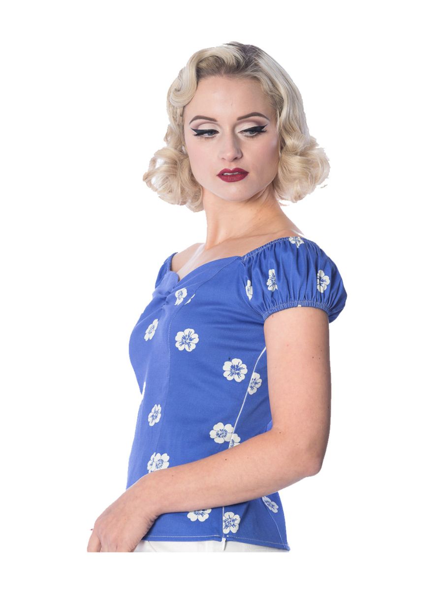 Banned Retro 1950's Tutti Fruity Flower Floral Off Shoulder Top Blue