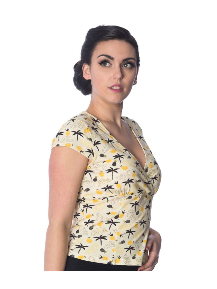 Banned Retro Palm Shade Pineapple Vintage Wrap Top Cream Yellow