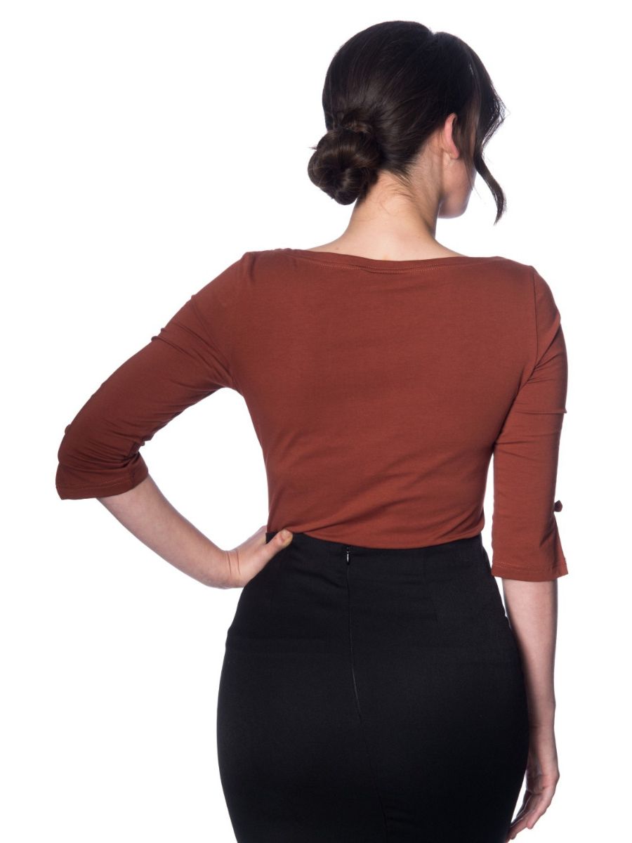 Banned Retro 1950's Oonagh Basic Boat Neck Vintage Dorothy Top Brown