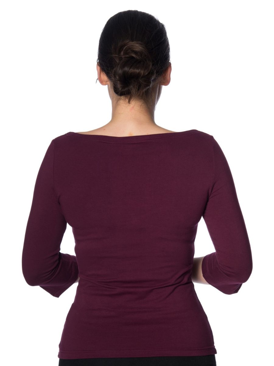 Banned Retro 1950's Oonagh Basic Boat Neck Vintage Dorothy Top Burgundy