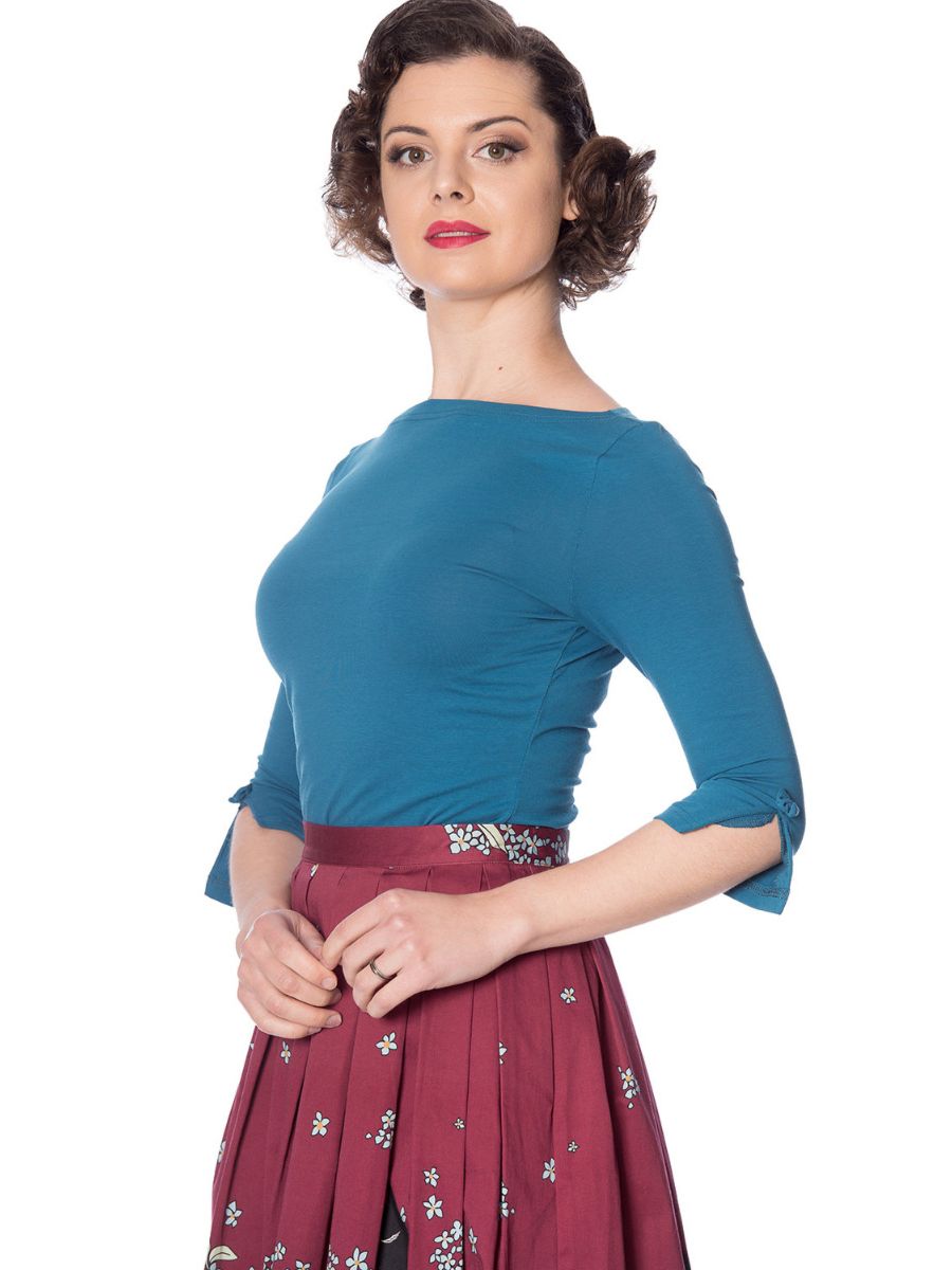 Banned Retro 1950's Oonagh Basic Boat Neck Vintage Dorothy Top Dark Teal