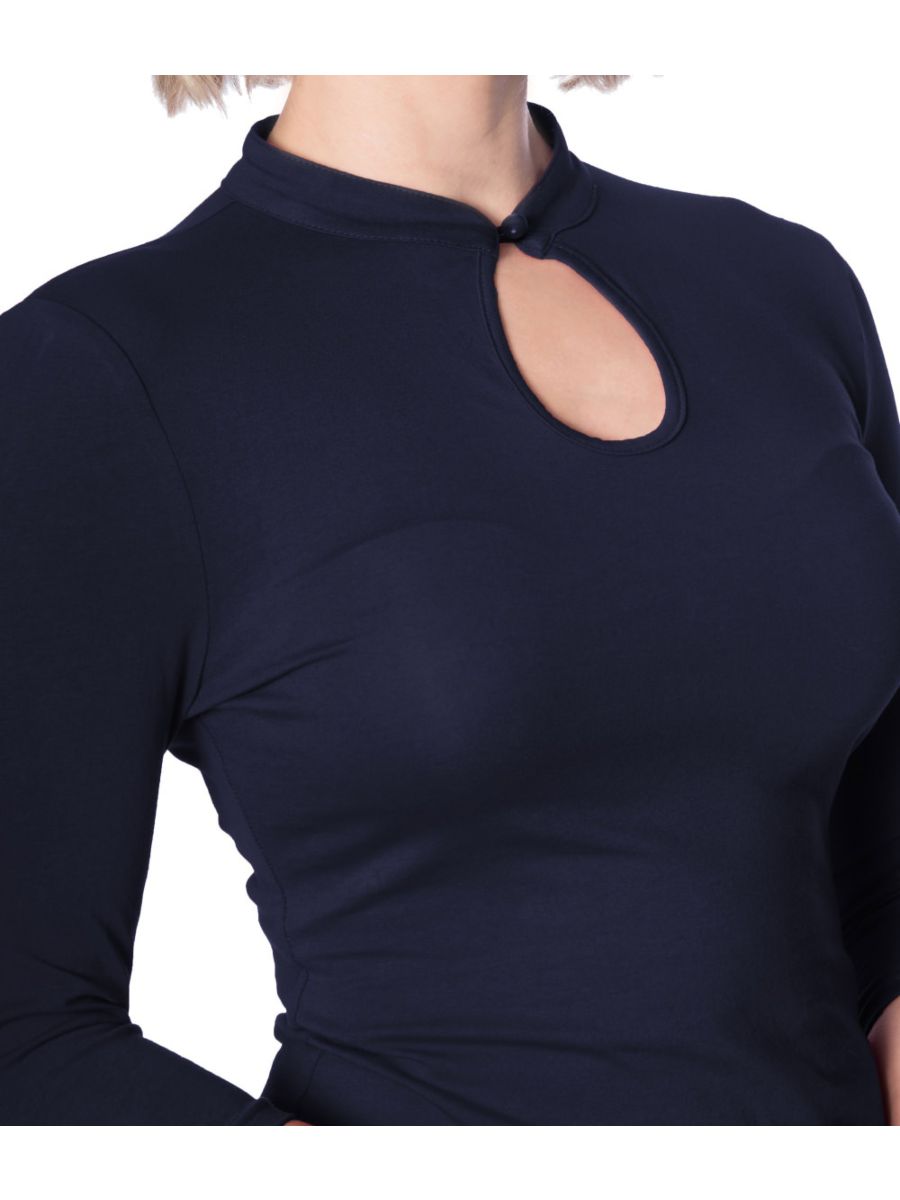 Banned Retro 1930's Emily Peek A Boo Mandarin Collar Keyhole Vintage Top Blue